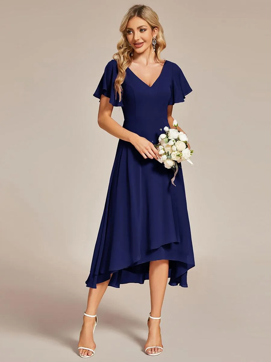 Robe Mariage Invitée haute-basse mousseline col en V Manches à volants