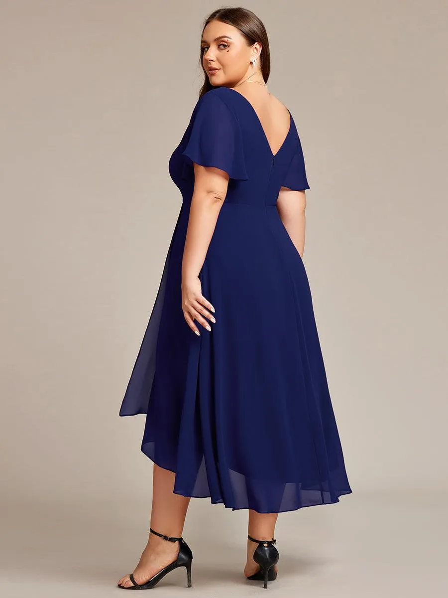 Robe Mariage Invitée haute-basse mousseline col en V Manches à volants