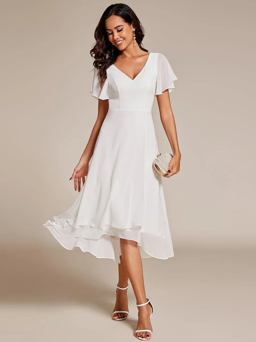 Robe Mariage Invitée haute-basse mousseline col en V Manches à volants