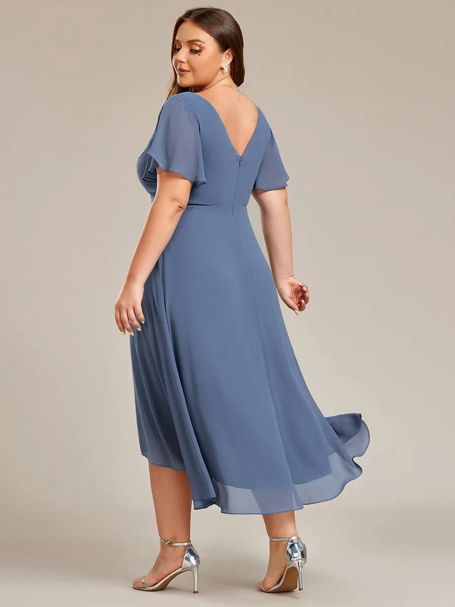 Robe Mariage Invitée haute-basse mousseline col en V Manches à volants
