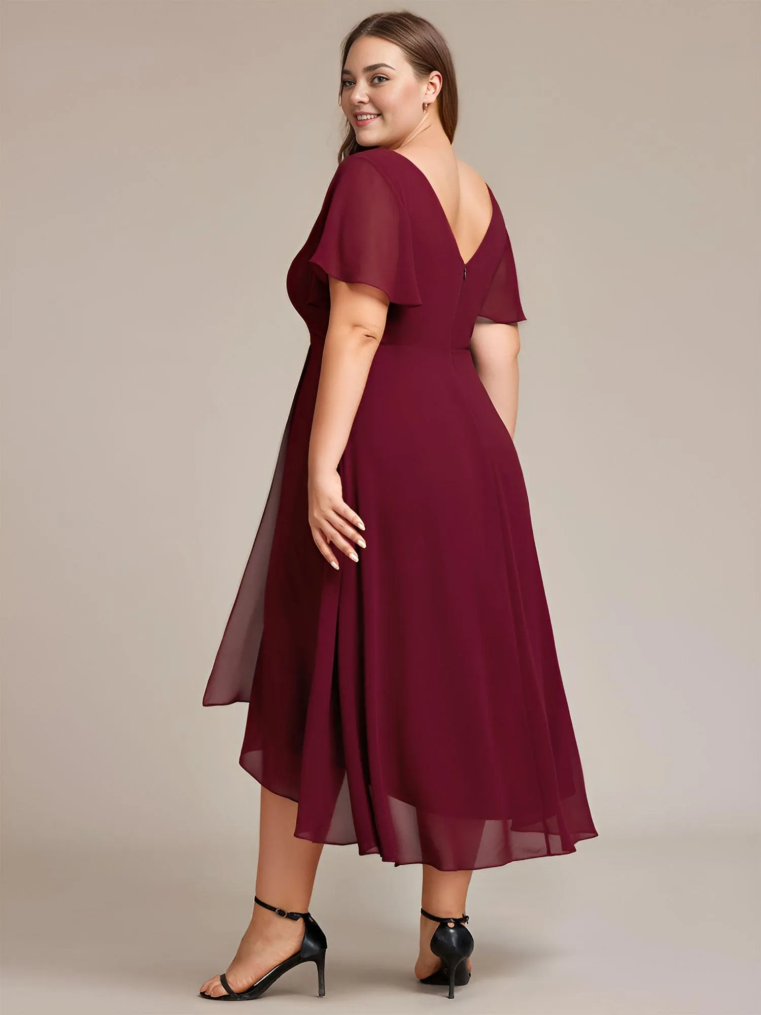 Robe Mariage Invitée haute-basse mousseline col en V Manches à volants