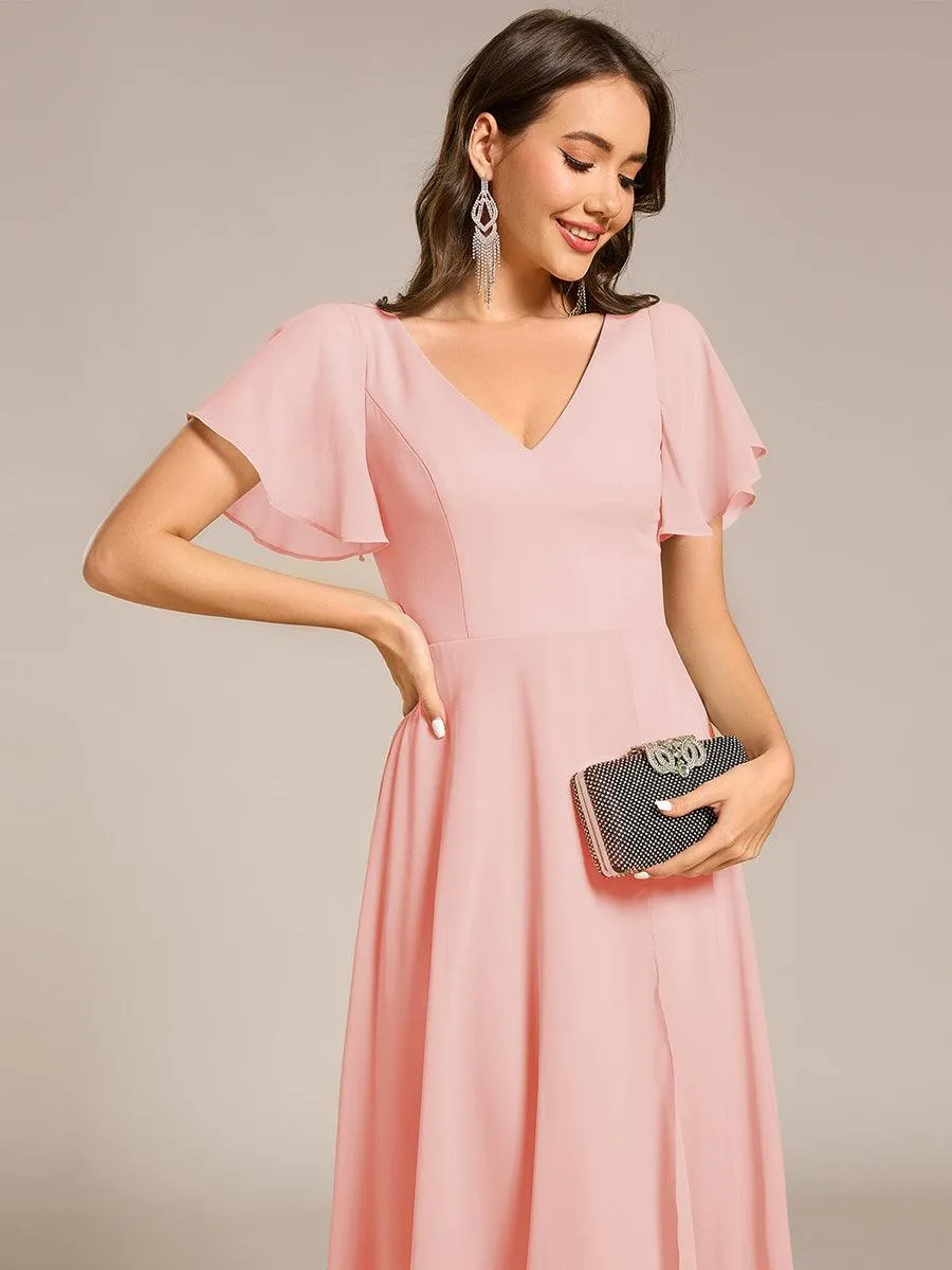 Robe Mariage Invitée haute-basse mousseline col en V Manches à volants