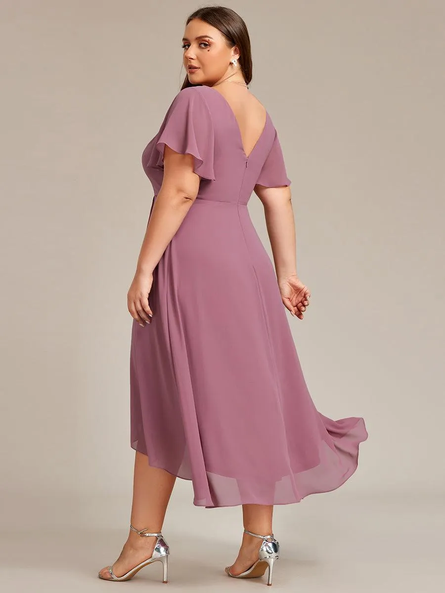 Robe Mariage Invitée haute-basse mousseline col en V Manches à volants
