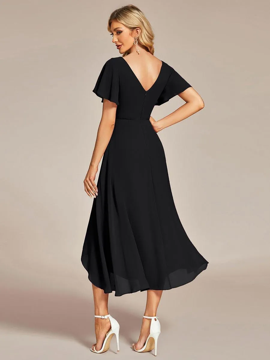 Robe Mariage Invitée haute-basse mousseline col en V Manches à volants