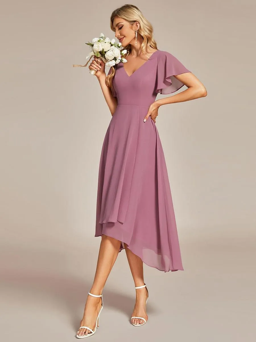 Robe Mariage Invitée haute-basse mousseline col en V Manches à volants