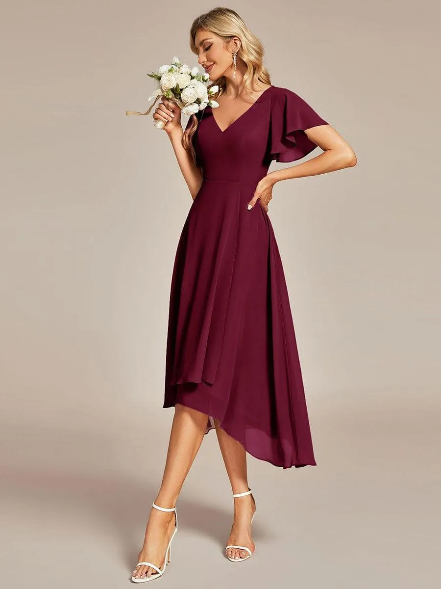 Robe Mariage Invitée haute-basse mousseline col en V Manches à volants