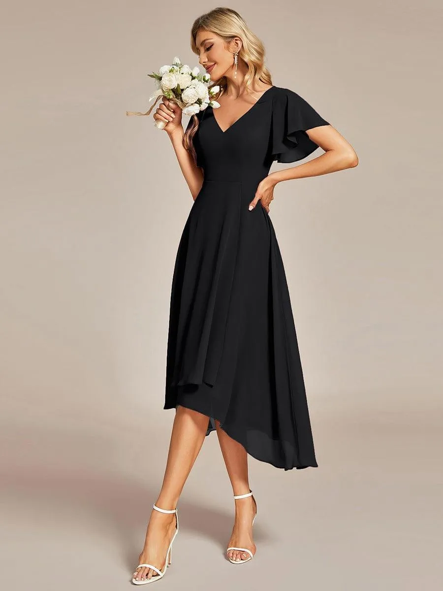 Robe Mariage Invitée haute-basse mousseline col en V Manches à volants