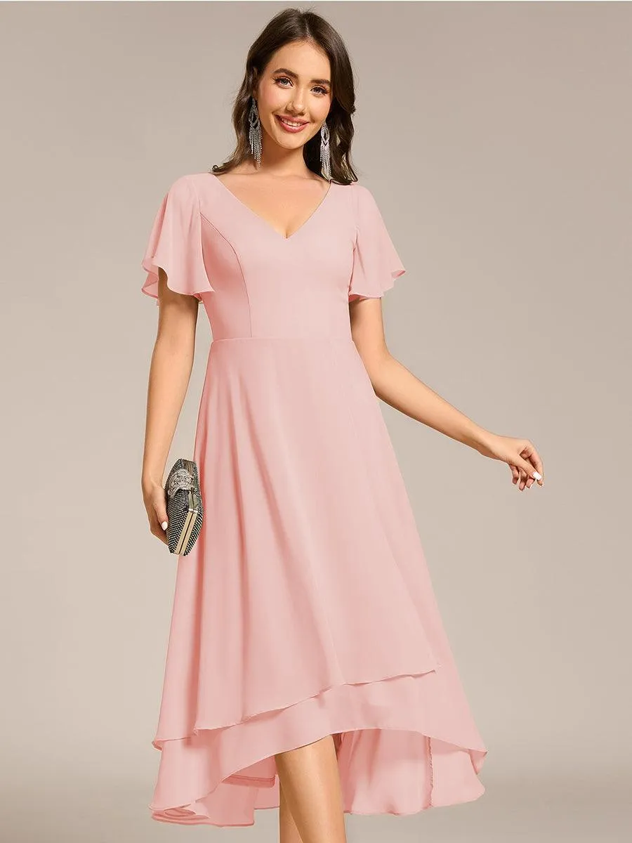 Robe Mariage Invitée haute-basse mousseline col en V Manches à volants