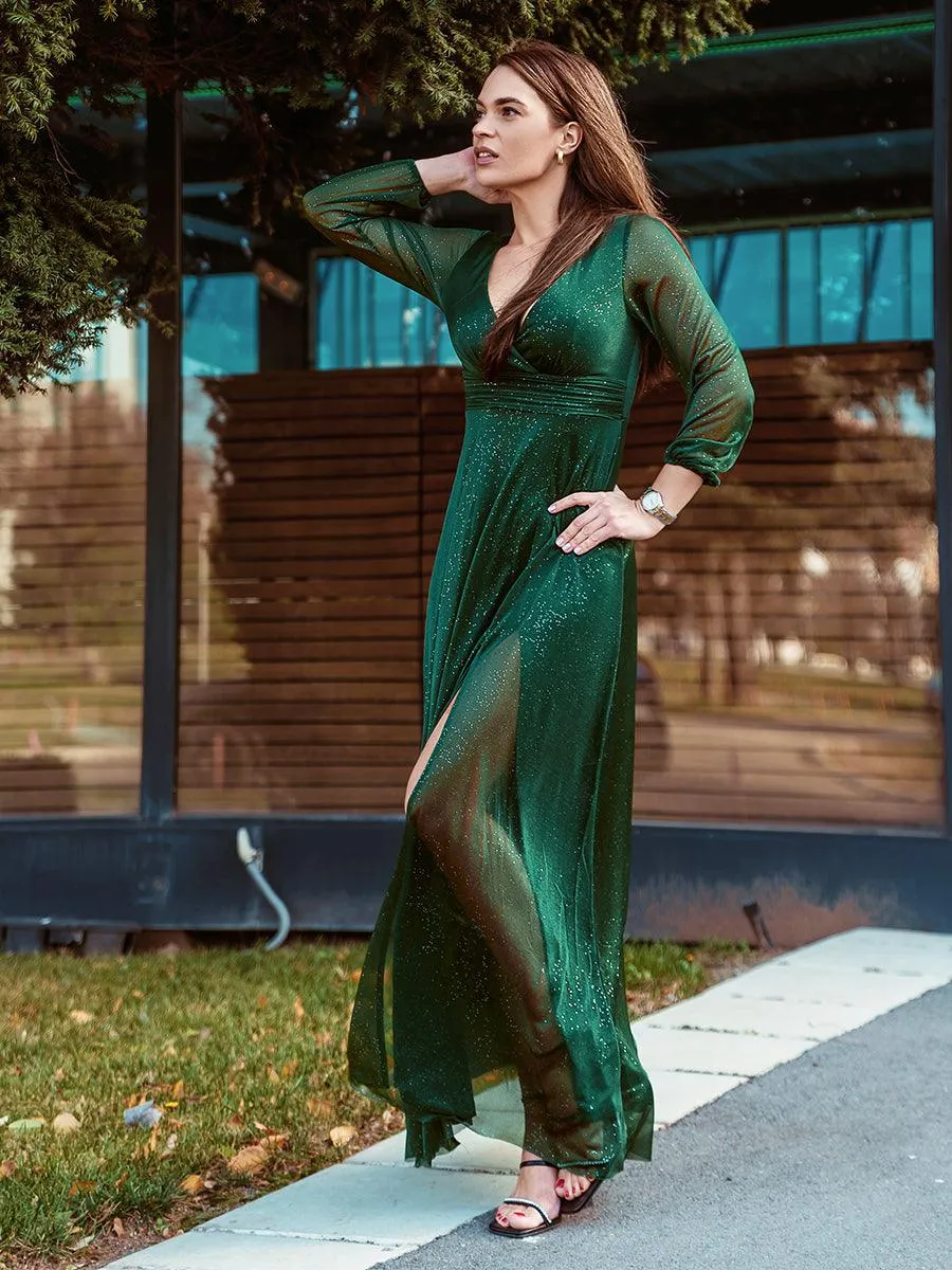 Robe mariage invitée Longue chatoyante à Col en V pour femmes(Vente finale)