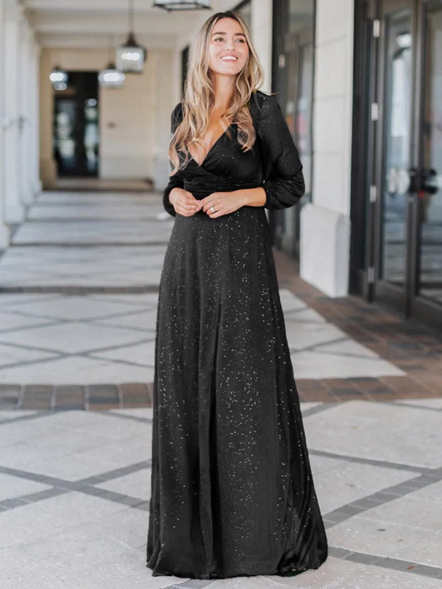 Robe mariage invitée Longue chatoyante à Col en V pour femmes(Vente finale)