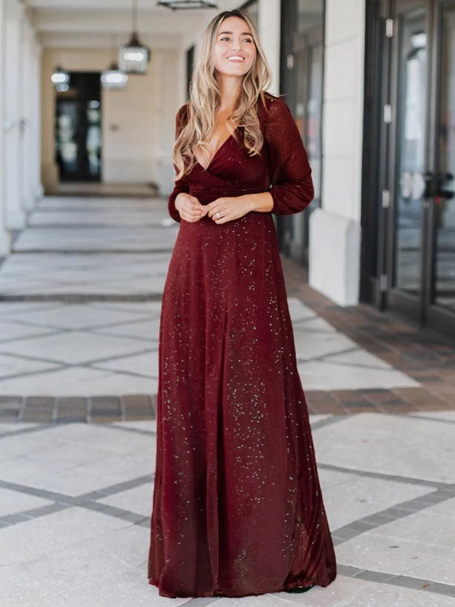 Robe mariage invitée Longue chatoyante à Col en V pour femmes(Vente finale)