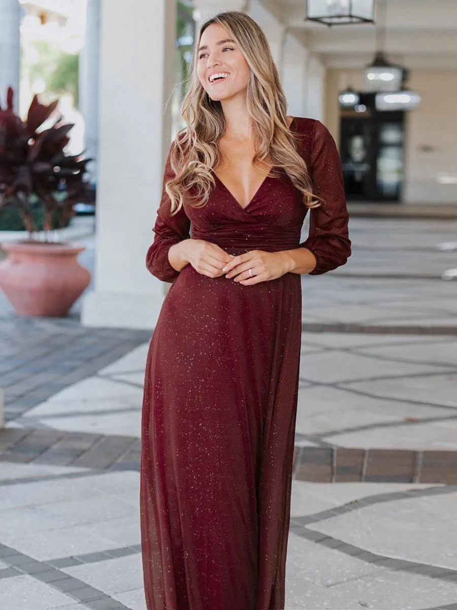 Robe mariage invitée Longue chatoyante à Col en V pour femmes(Vente finale)