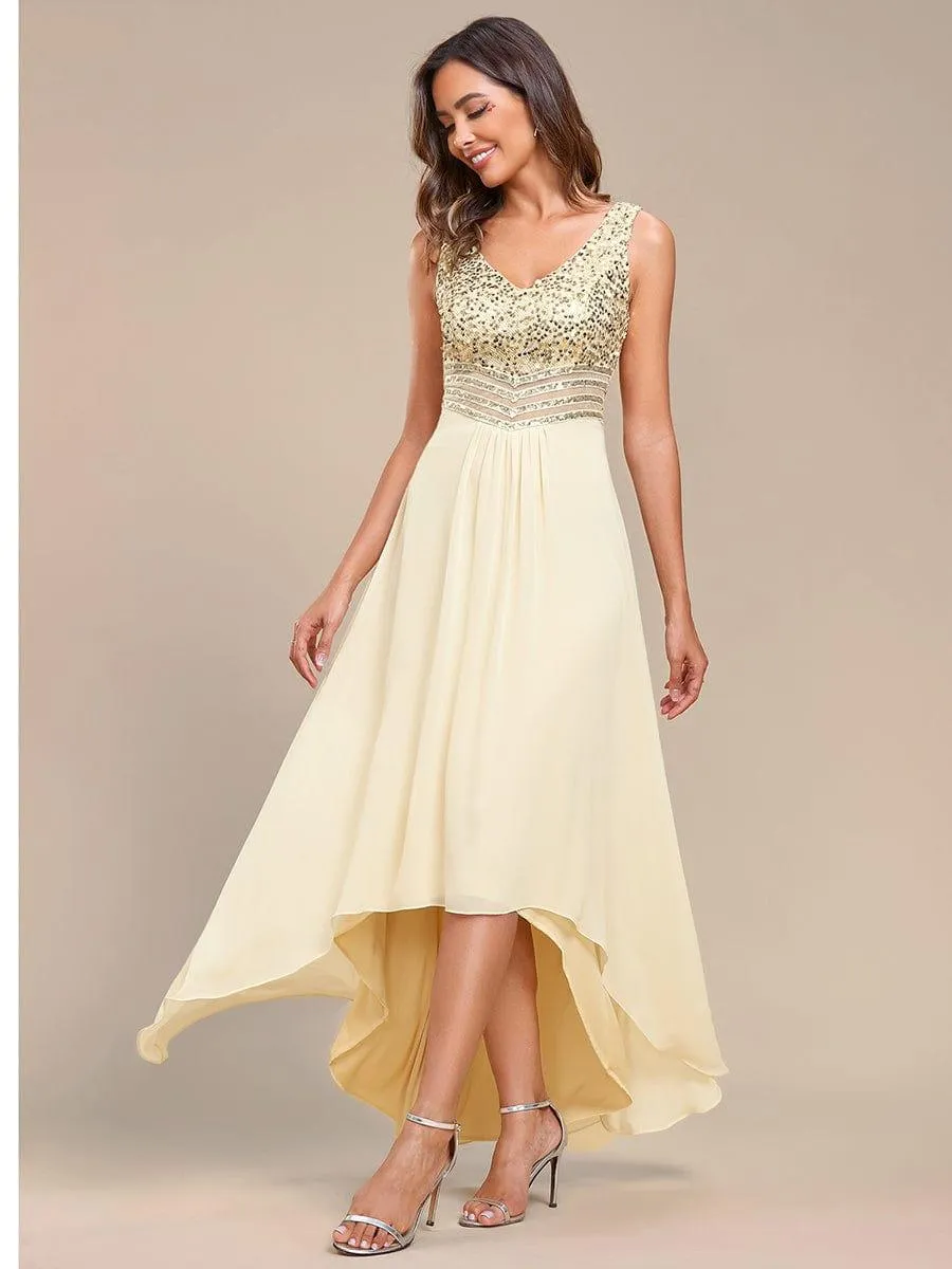 Robes de soirée sexy en mousseline de soie maxi haut-bas avec paillettes