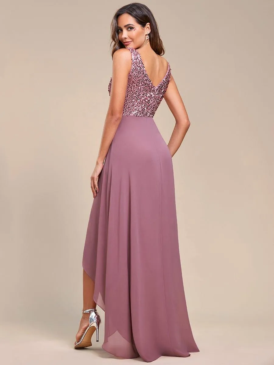 Robes de soirée sexy en mousseline de soie maxi haut-bas avec paillettes
