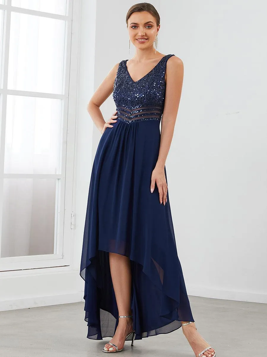 Robes de soirée sexy en mousseline de soie maxi haut-bas avec paillettes