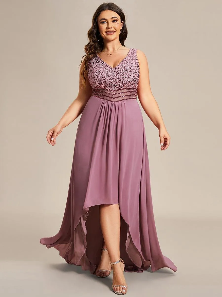 Robes de soirée sexy en mousseline de soie maxi haut-bas avec paillettes