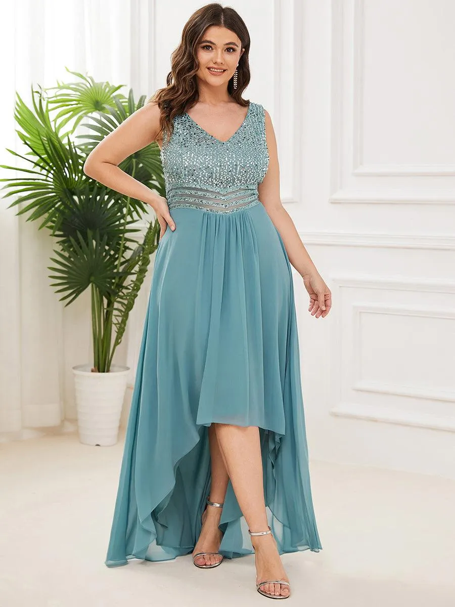 Robes de soirée sexy en mousseline de soie maxi haut-bas avec paillettes