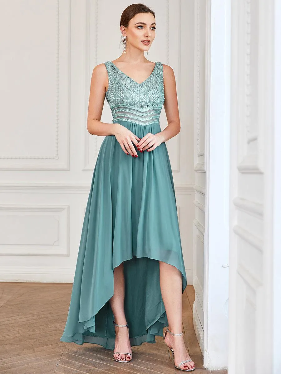 Robes de soirée sexy en mousseline de soie maxi haut-bas avec paillettes