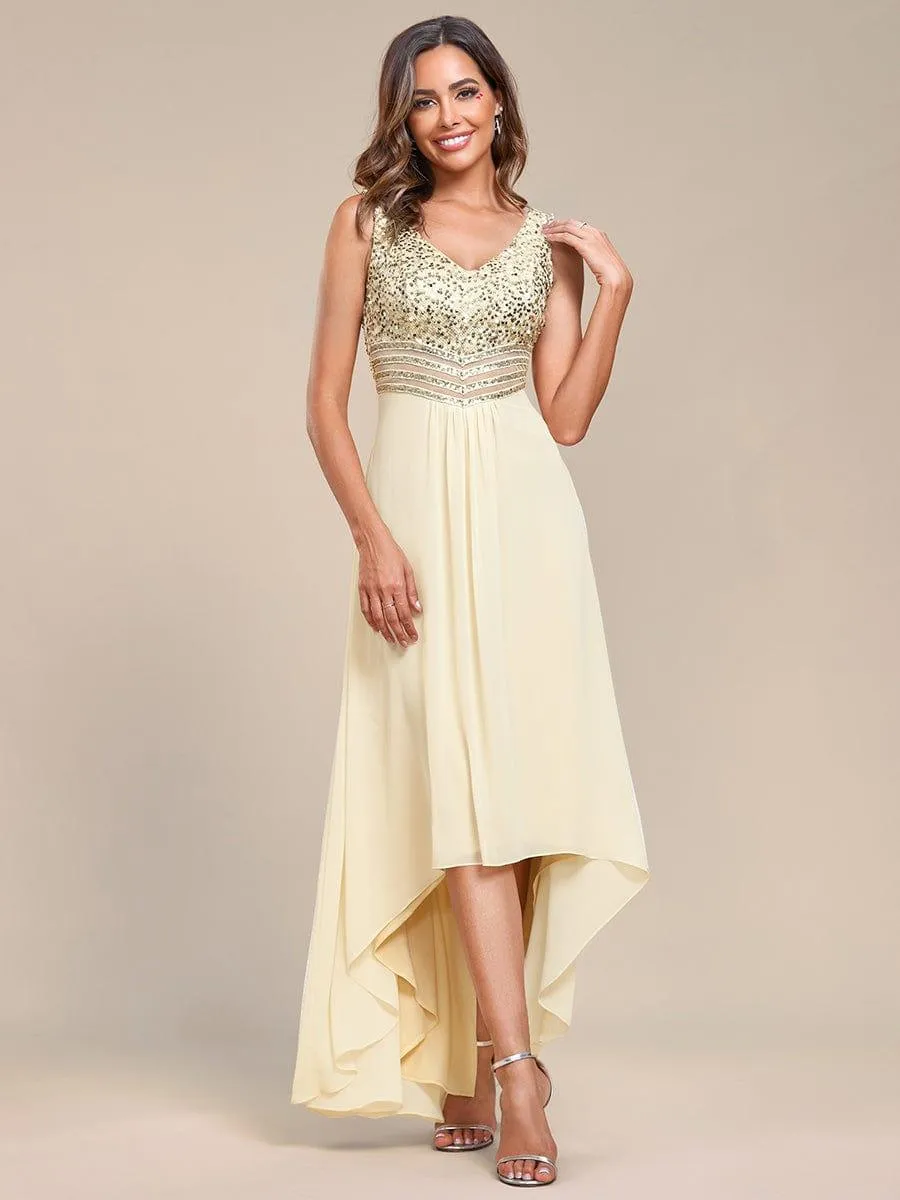 Robes de soirée sexy en mousseline de soie maxi haut-bas avec paillettes