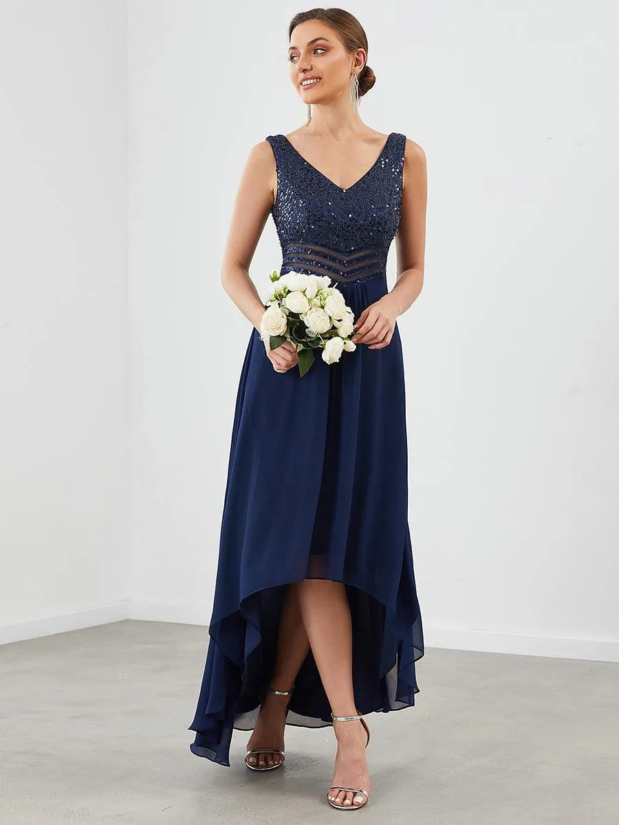 Robes de soirée sexy en mousseline de soie maxi haut-bas avec paillettes