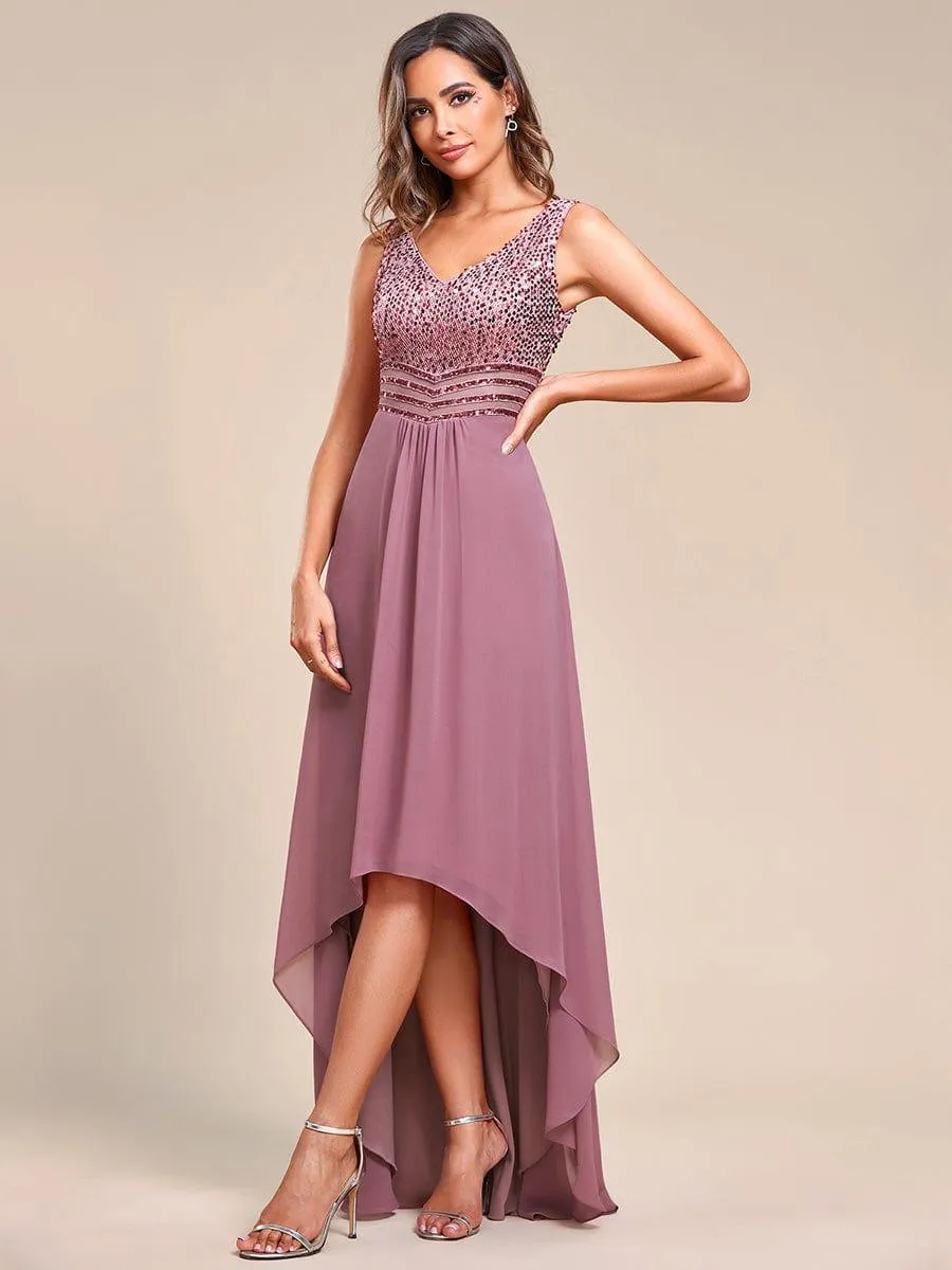 Robes de soirée sexy en mousseline de soie maxi haut-bas avec paillettes