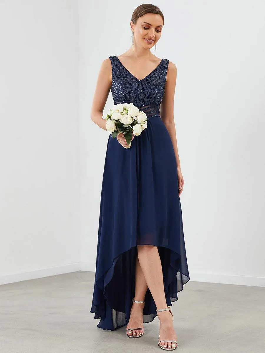 Robes de soirée sexy en mousseline de soie maxi haut-bas avec paillettes
