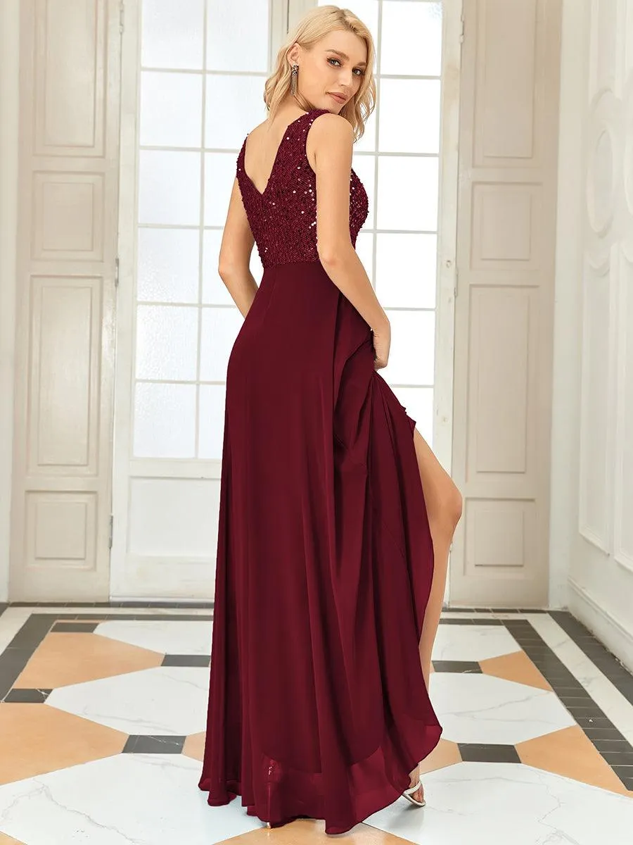 Robes de soirée sexy en mousseline de soie maxi haut-bas avec paillettes
