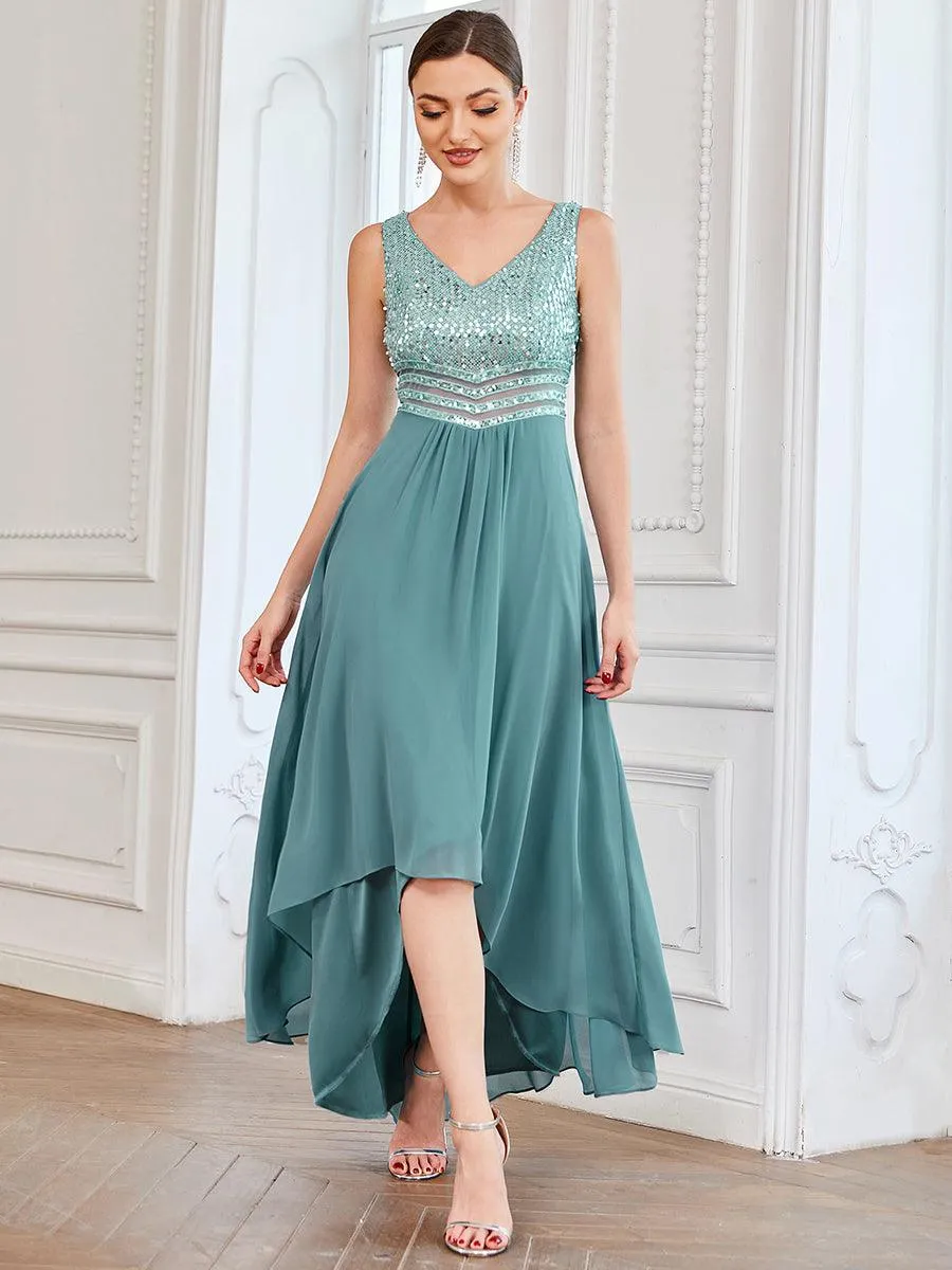 Robes de soirée sexy en mousseline de soie maxi haut-bas avec paillettes