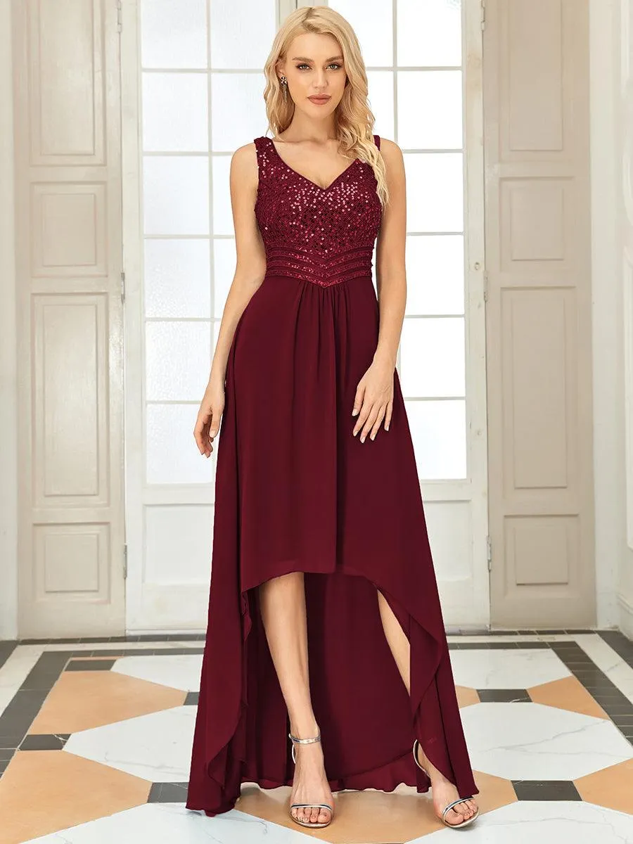 Robes de soirée sexy en mousseline de soie maxi haut-bas avec paillettes