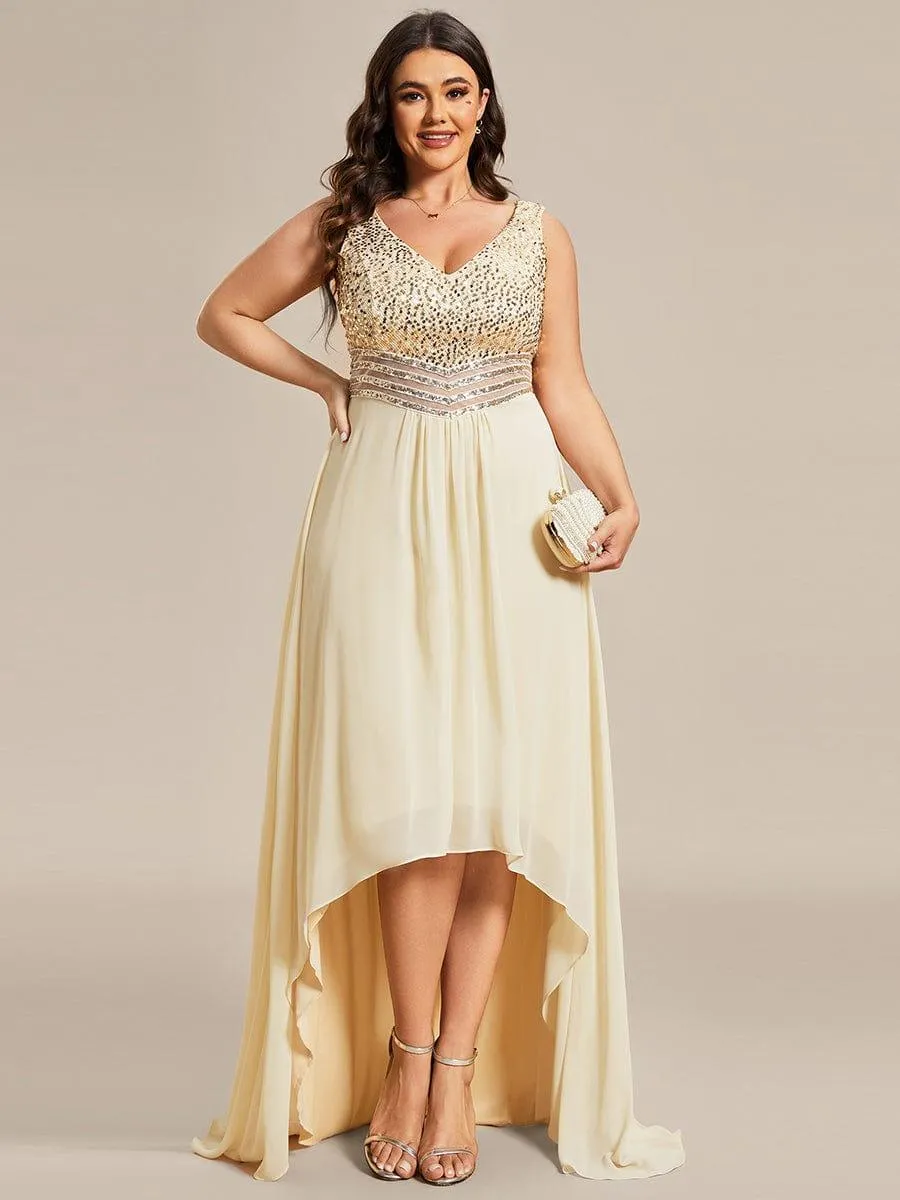 Robes de soirée sexy en mousseline de soie maxi haut-bas avec paillettes