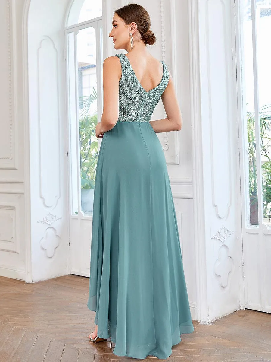 Robes de soirée sexy en mousseline de soie maxi haut-bas avec paillettes