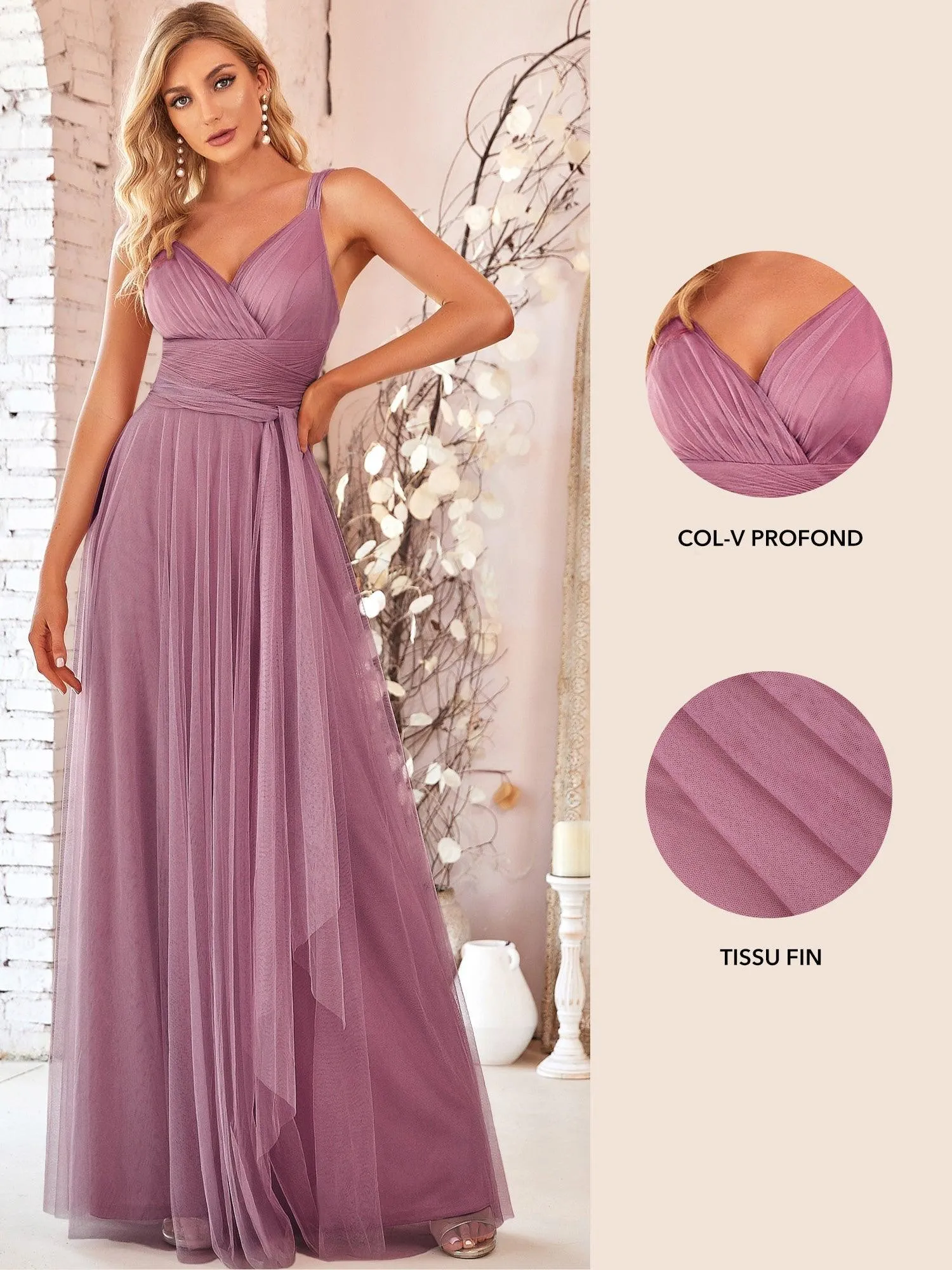 Robes demoiselle d'honneur en tulle à double col en V Cérémonie en Tulle
