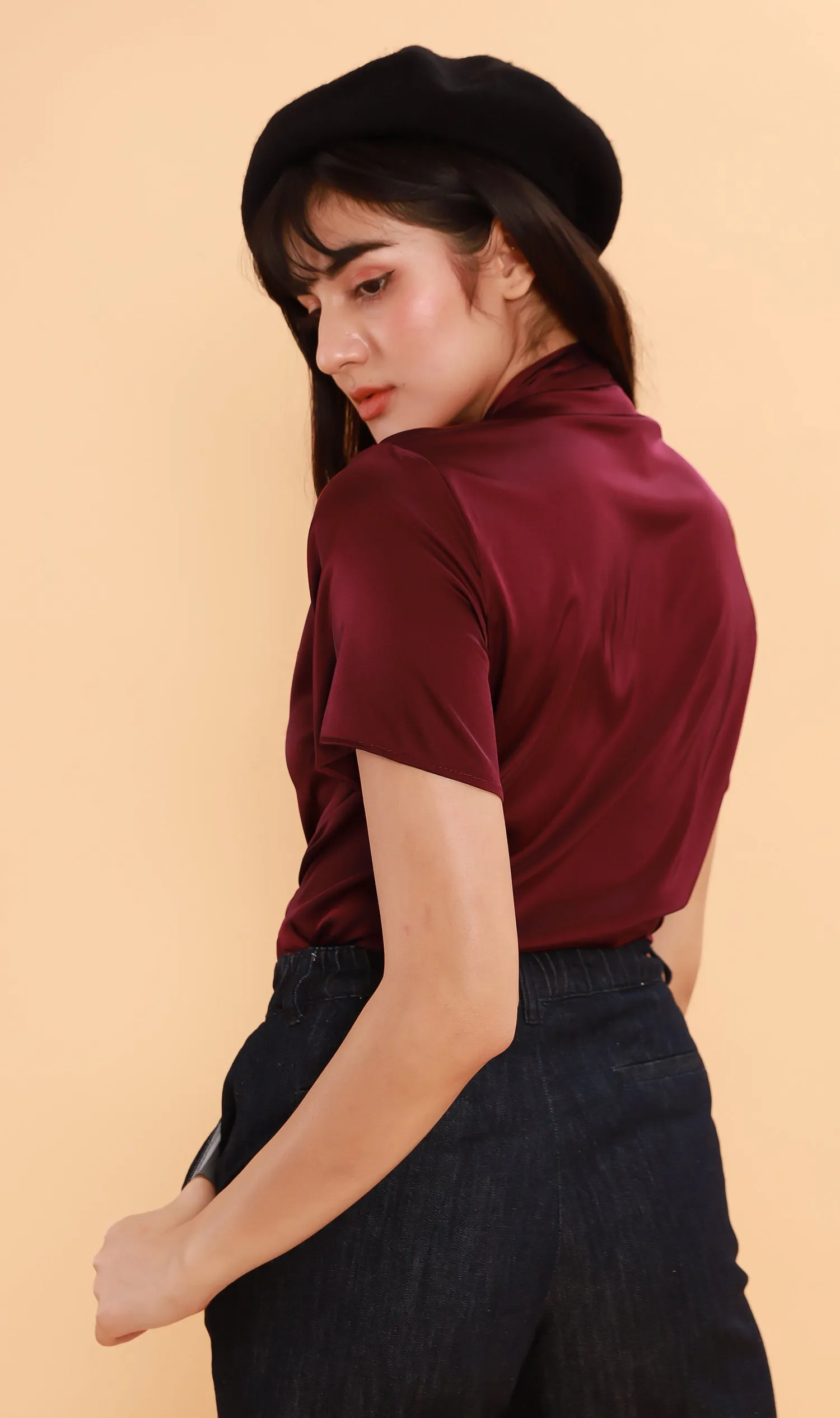 ROSALIE Satin Surplice Top (Wine)