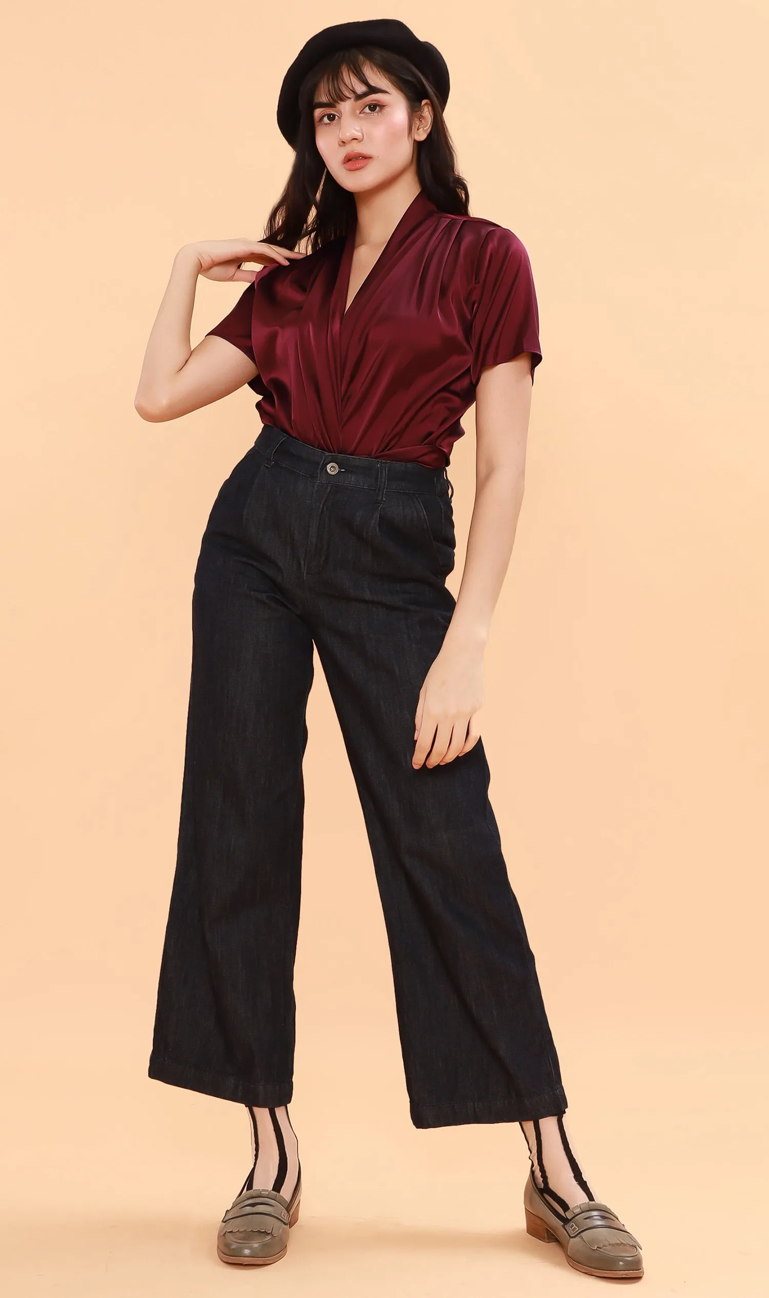 ROSALIE Satin Surplice Top (Wine)