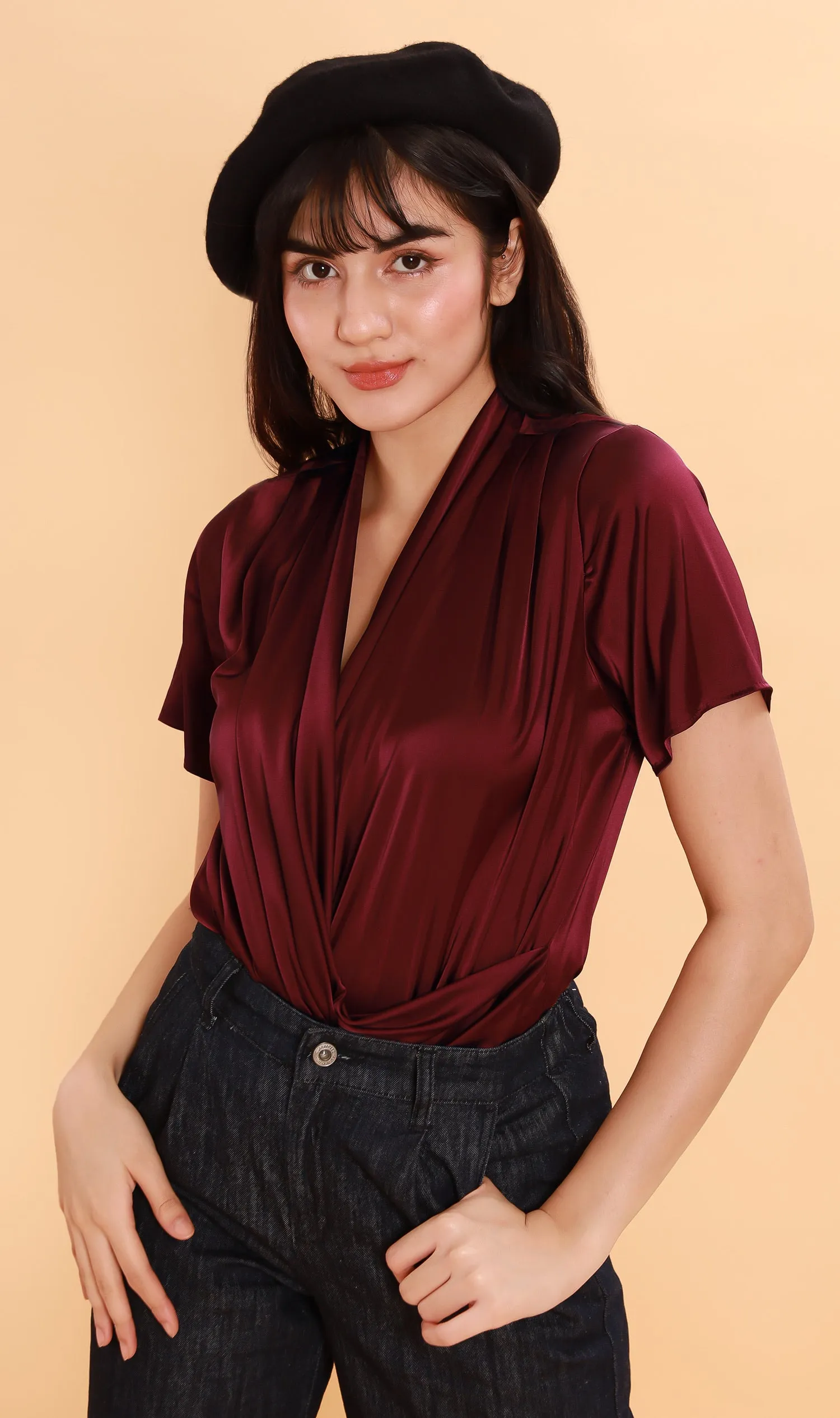 ROSALIE Satin Surplice Top (Wine)