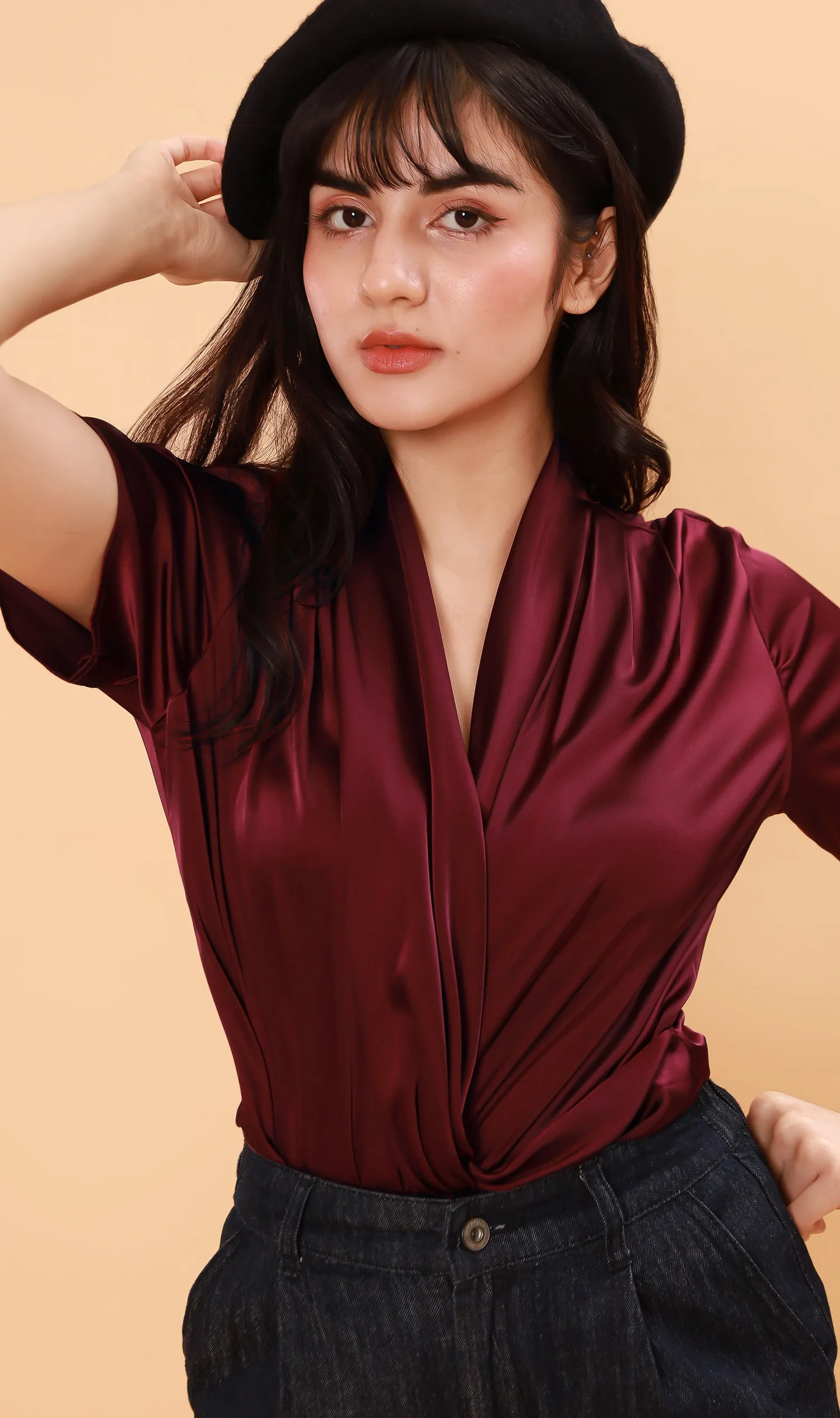ROSALIE Satin Surplice Top (Wine)
