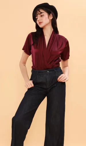 ROSALIE Satin Surplice Top (Wine)