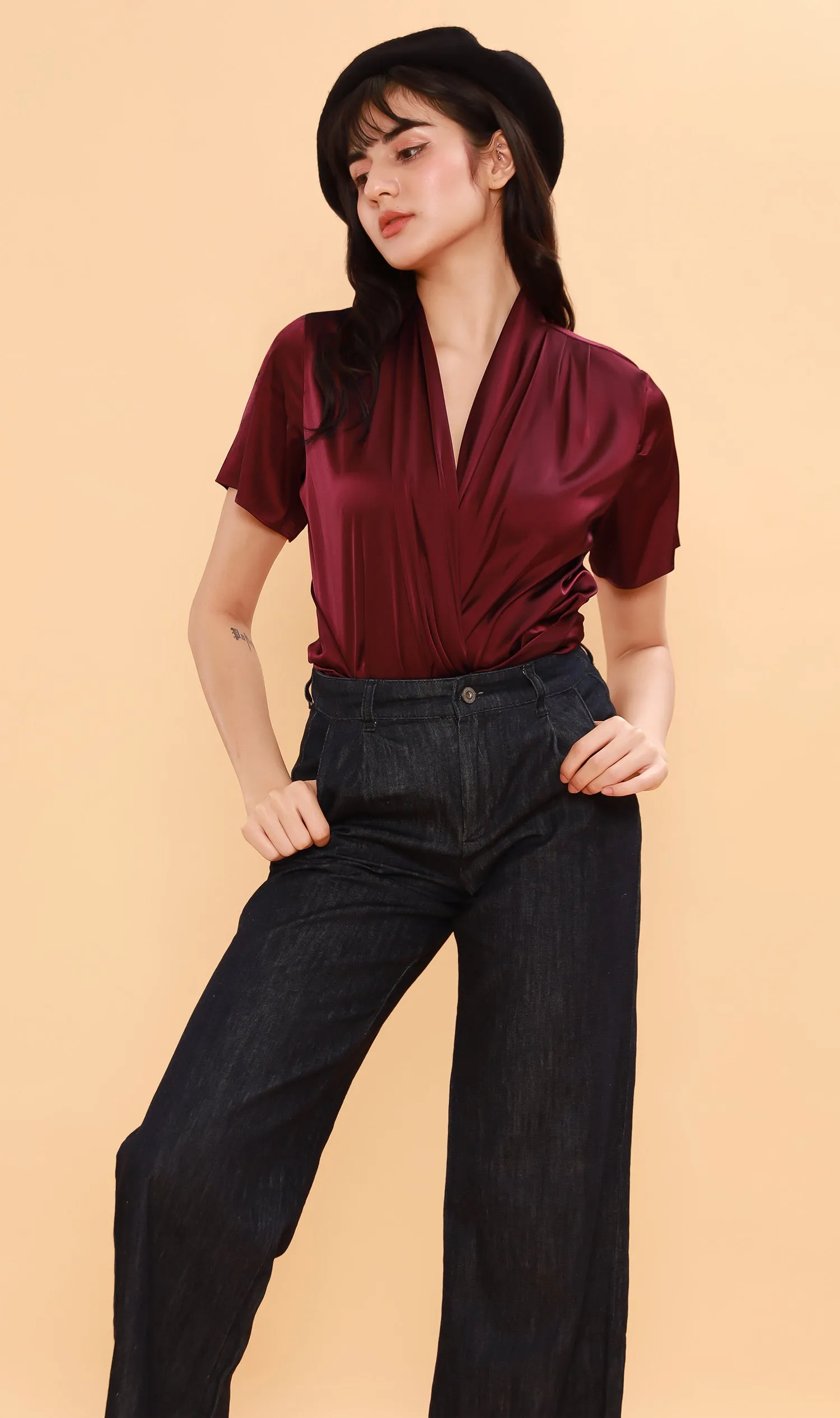 ROSALIE Satin Surplice Top (Wine)