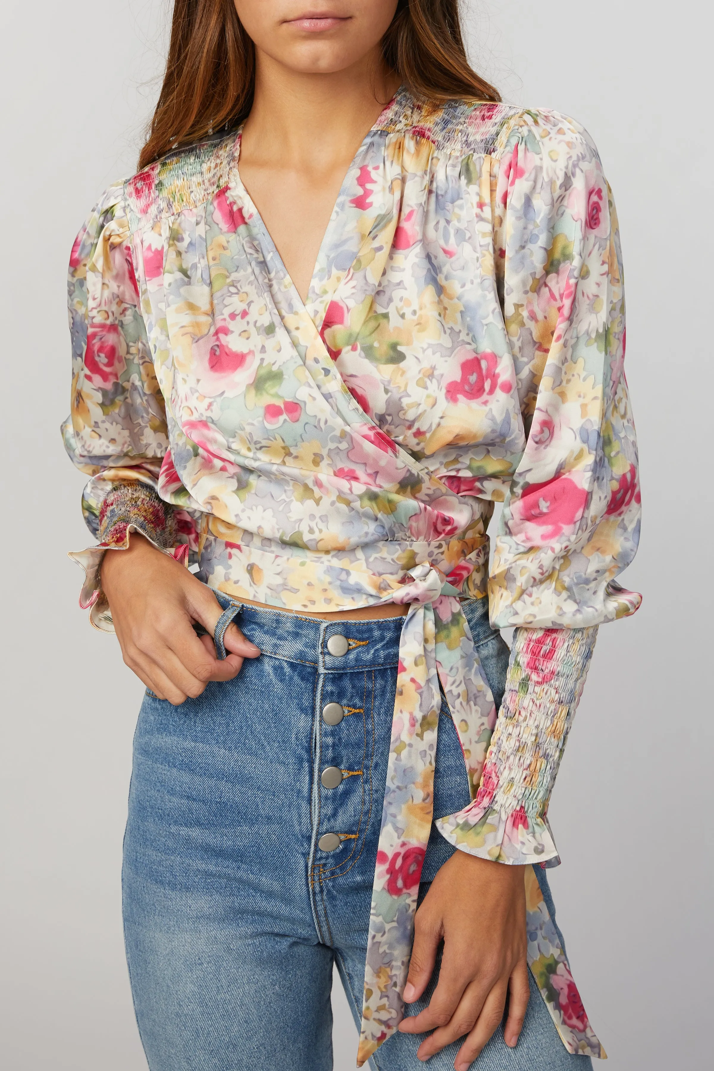 ROSIE FLORAL-PRINT WRAP SATIN BLOUSE