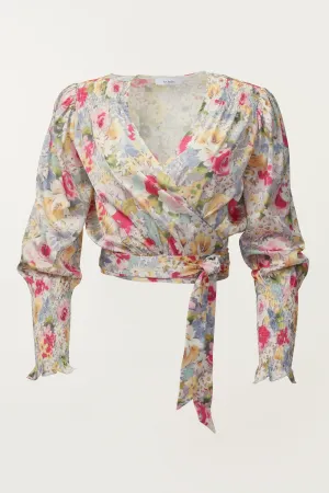 ROSIE FLORAL-PRINT WRAP SATIN BLOUSE