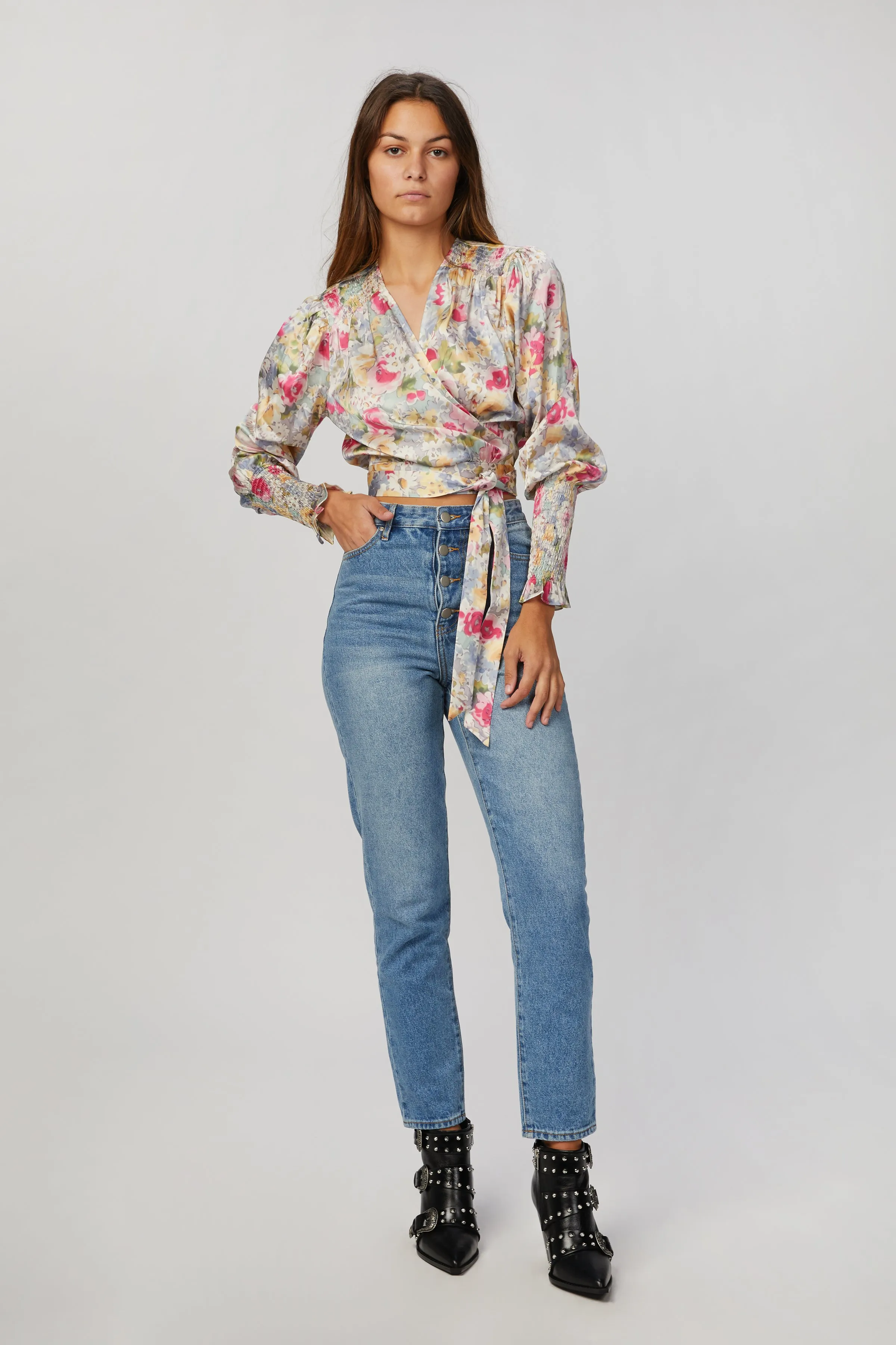 ROSIE FLORAL-PRINT WRAP SATIN BLOUSE