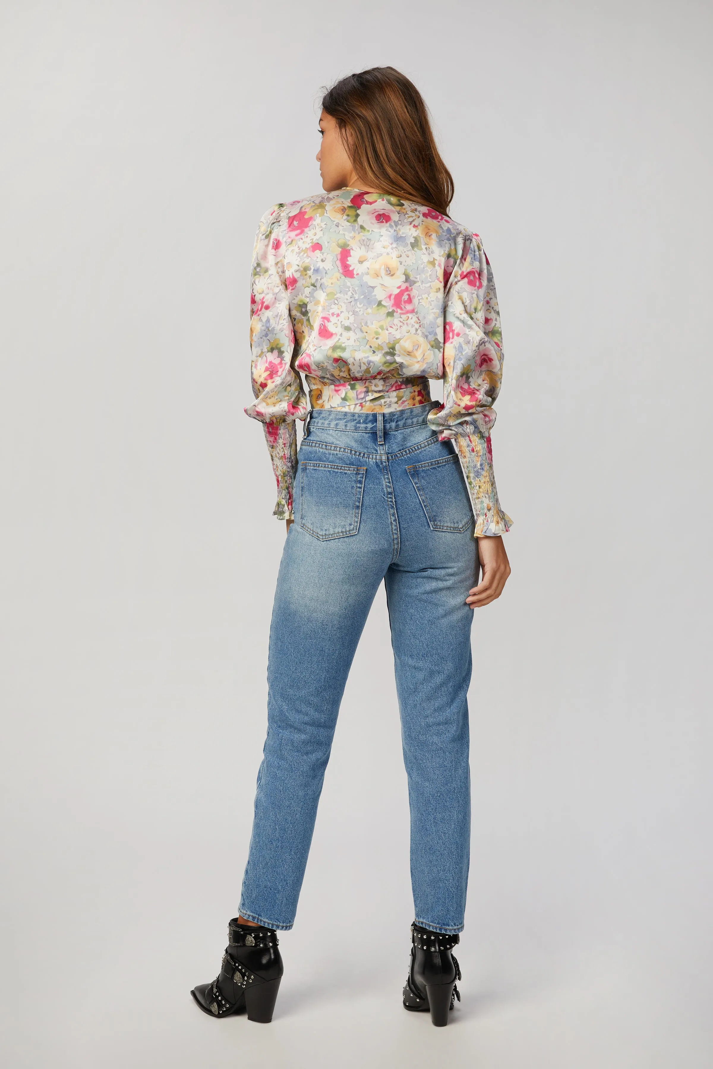 ROSIE FLORAL-PRINT WRAP SATIN BLOUSE