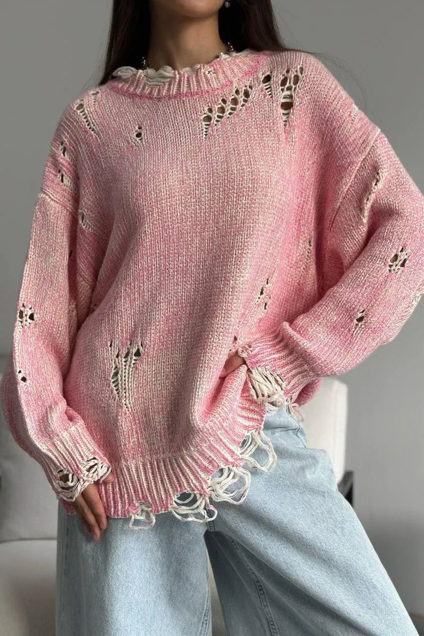 Round Neck Woolen Hollow Knit Sweater