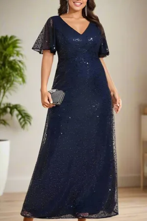 Sequins A-Line V-Neck Short Sleeves Mother of The Bride Dresses