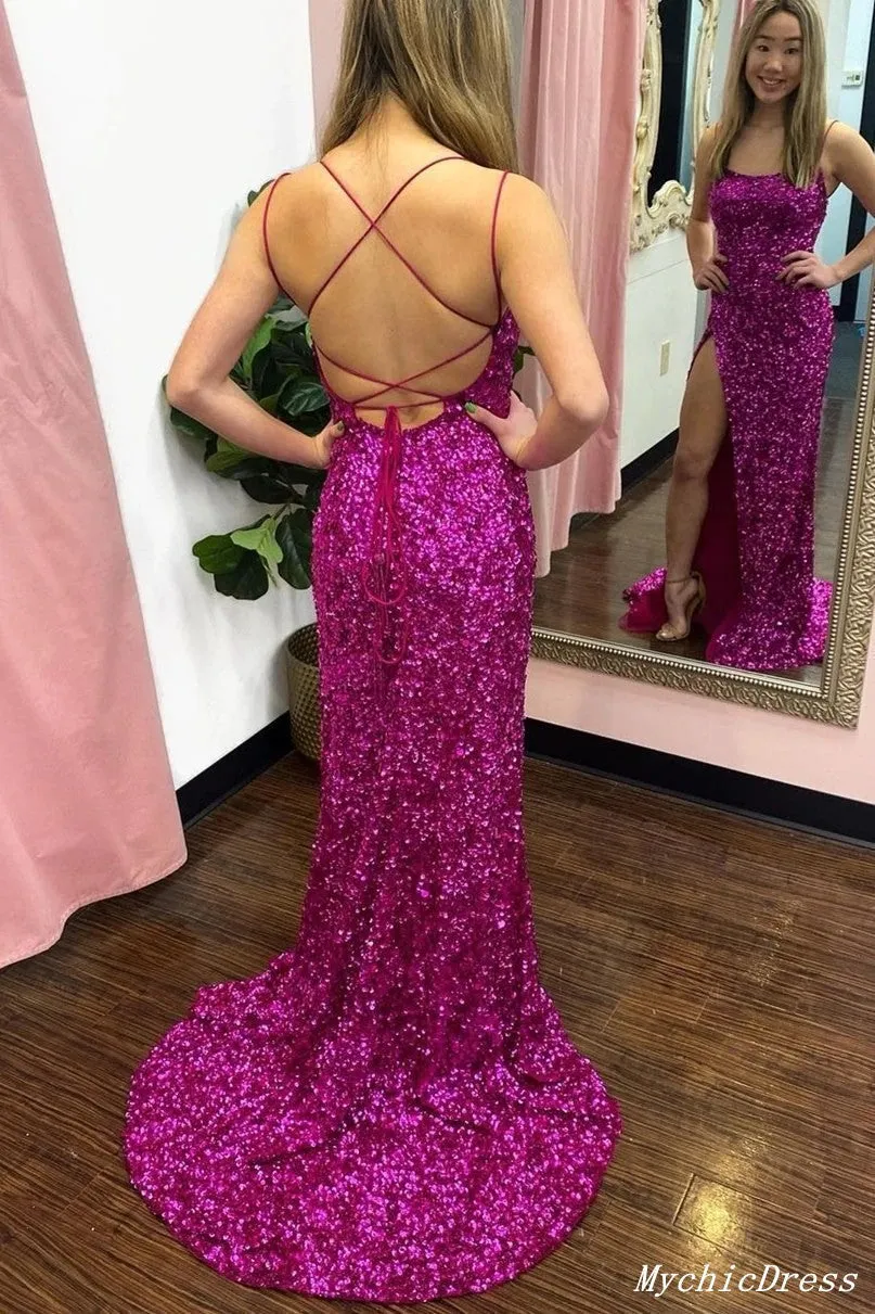 Sexy Sequin Evening Dresses Fuchsia Long Mermaid Cheap Prom Dress Split