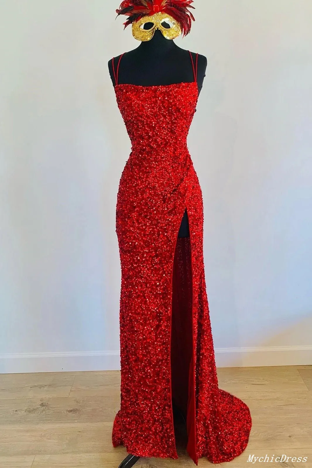 Sexy Sequin Evening Dresses Fuchsia Long Mermaid Cheap Prom Dress Split