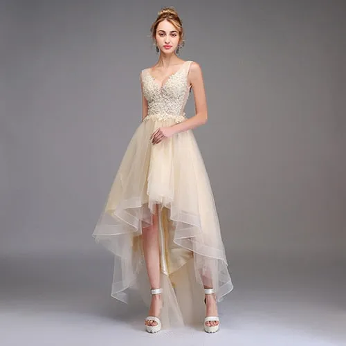 Sexy V-neck Backless Champagne Lace Appliques Asymmetrical