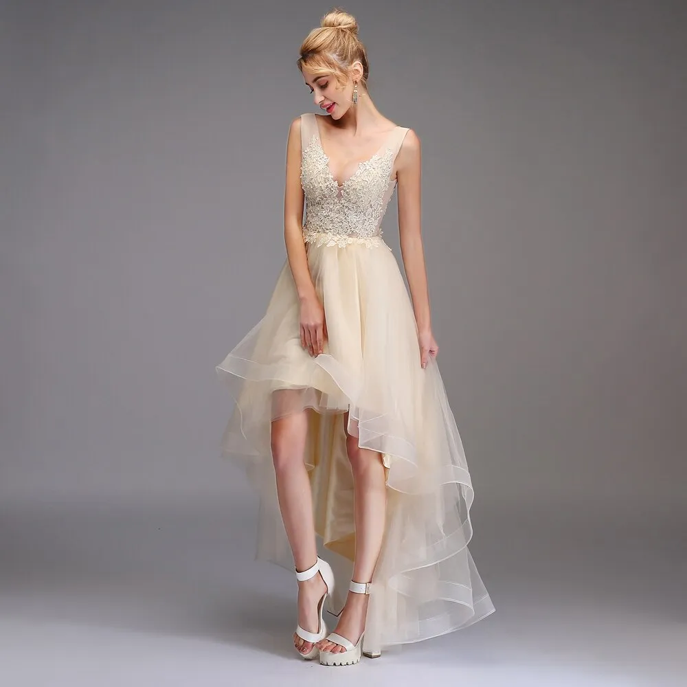 Sexy V-neck Backless Champagne Lace Appliques Asymmetrical