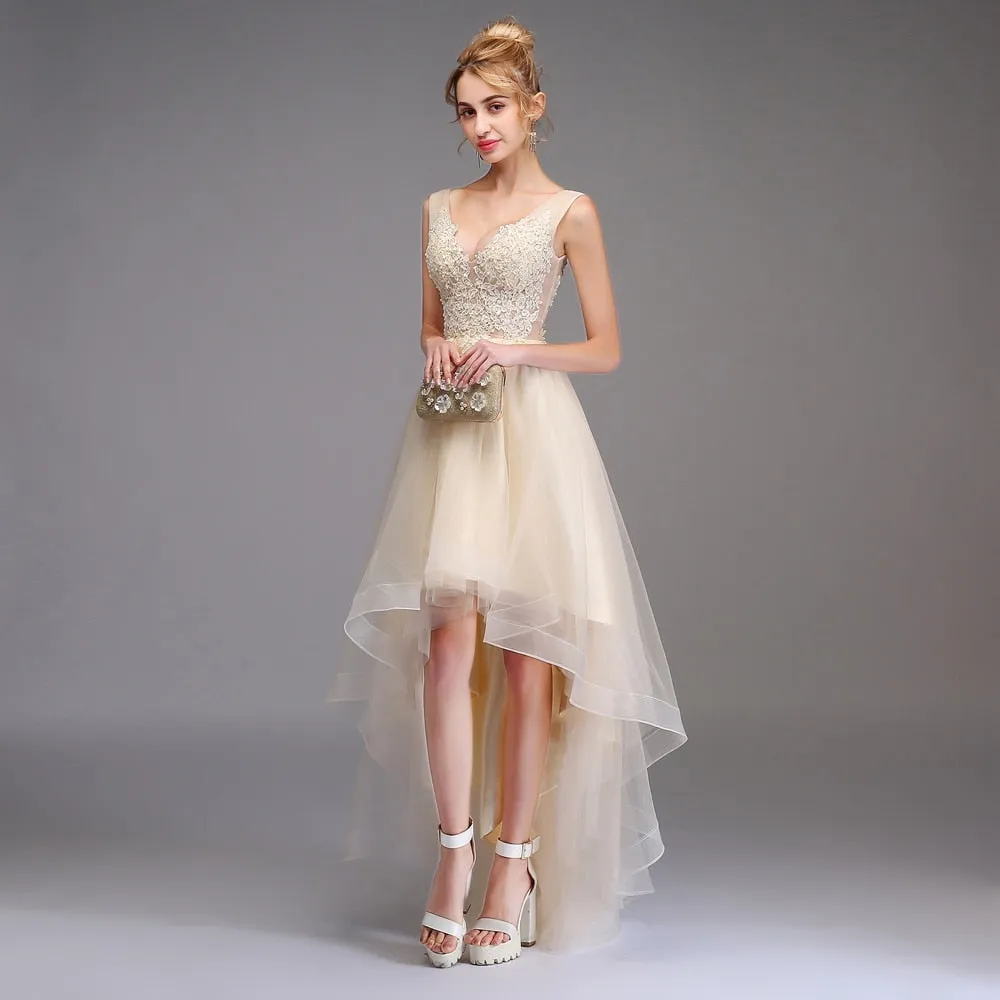 Sexy V-neck Backless Champagne Lace Appliques Asymmetrical