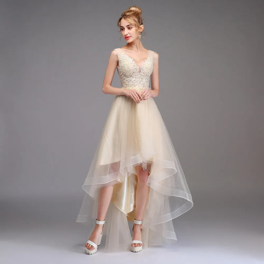 Sexy V-neck Backless Champagne Lace Appliques Asymmetrical